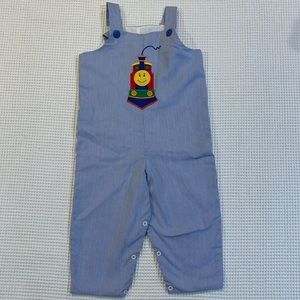 Mulberry St Train Embroidered Blue and White Striped Romper Overall size 2.